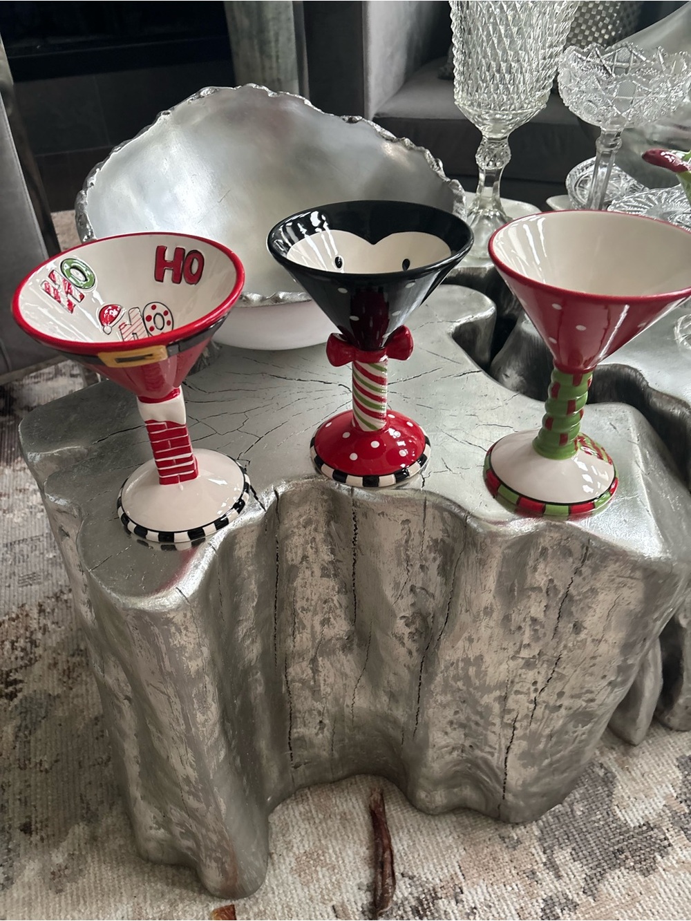 Set of 3 Festive Holiday Martini Glasses - Red, Black, White and nosh dish